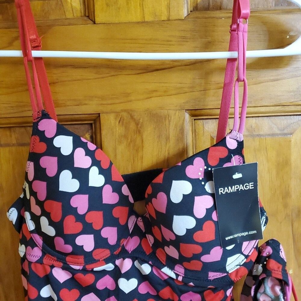 Rampage Medium Chemise Lingerie Set Womens Black Heart Print Underwire NWT Sleep